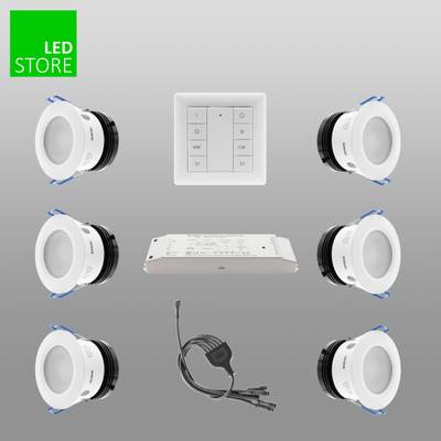 Kit de downlight LED con interruptor, controlador y conectores sobre fondo gris; logotipo "LED Store" en la esquina superior izquierda. Perfecto para soluciones de iluminación modernas y energéticamente eficientes.
