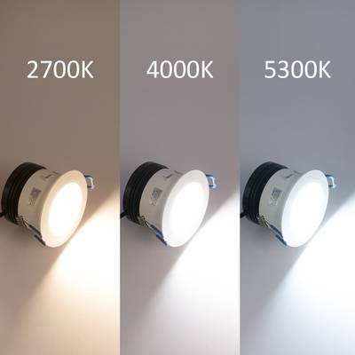 Tres luces LED con temperaturas de color de 2700K (cálida), 4000K (neutra) y 5300K (fría) iluminan la superficie y muestran diferentes tonos de luz.