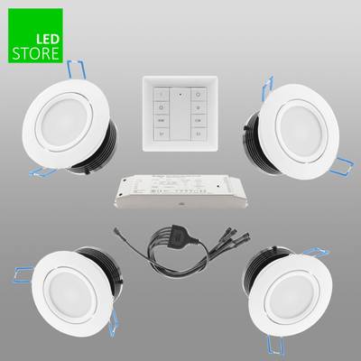 Kit de iluminación LED que incluye 4 downlights, panel de control, fuente de alimentación y cables con fondo gris degradado para el movimiento de la iluminación SEO.