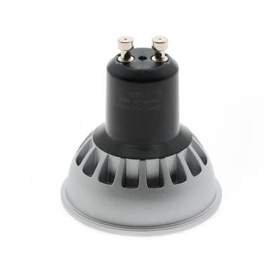 Lámpara LED blanca de bajo consumo con casquillo GU10, vista en ángulo con fondo blanco, ideal para soluciones de iluminación específicas.