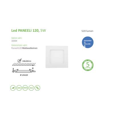 Panel de luz LED blanco de 6W, 540 lúmenes, detalles de diseño, dimensiones mostradas; marca de garantía de 5 años en el lado derecho.