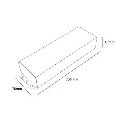 Esquema de una caja rectangular de 257 mm de largo, 71 mm de ancho y 48 mm de alto, ideal para soluciones de almacenamiento de iluminación LED.