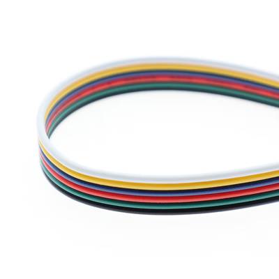 Detalle del cable plano RGBW con hilos rojos, verdes, amarillos, blancos y negros, perfecto para conexiones de iluminación LED.