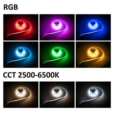Tiras de luces LED que muestran múltiples colores y temperaturas de color; opciones de iluminación RGB, blanco cálido y blanco frío.