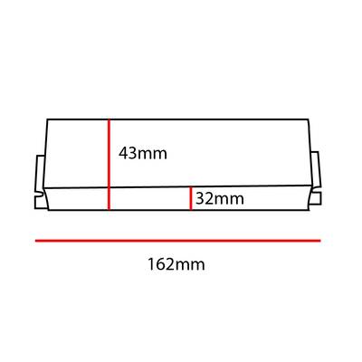 Perfil de luminaria LED, dimensiones: altura 43mm, anchura 32mm, longitud 162mm, líneas rojas.