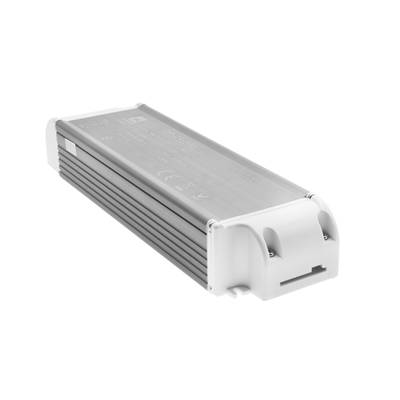 Fuente de alimentación LED industrial, marco metálico rectangular con extremos blancos, muestra de forma destacada especificaciones y certificados.