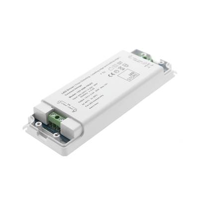 Controlador LED rectangular con carcasa blanca, especificaciones impresas en la parte superior. Conectores en un lado para una alimentación eficiente y segura de las luces LED.