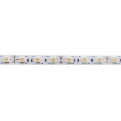 Primer plano de una tira de LED blancos con pequeños LED circulares espaciados uniformemente y resistencias en un patrón lineal para una iluminación eficiente.