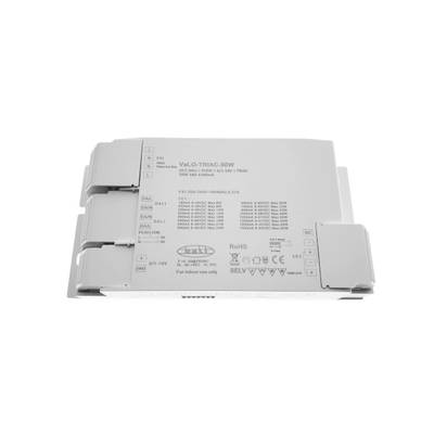 Controlador LED electrónico con información técnica y logotipos de certificación en la superficie, sobre fondo blanco. Ideal para soluciones de iluminación LED.
