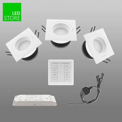 Luces LED redondas con panel de control y fuente de alimentación en gris. Cables continuos, adhesivo verde "LED Store" en la esquina. Configuración ideal para iluminación contemporánea.
