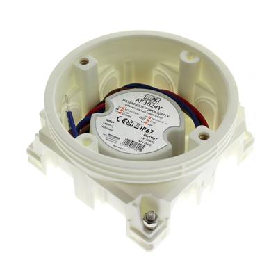 Driver LED redondo impermeable, carcasa blanca, cables de entrada/salida, etiqueta detallada para instalación de iluminación.
