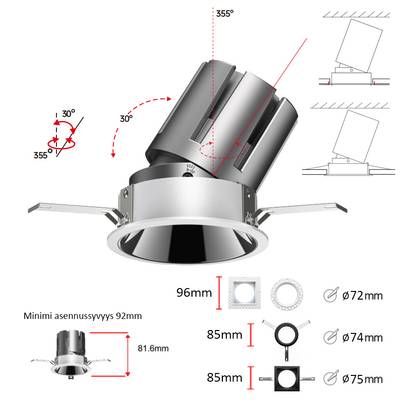 Downlight LED empotrable regulable, ángulos de rotación e inclinación, foco de techo, medidas, esquemas de instalación