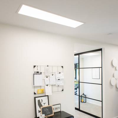 Las luminarias LED de techo para oficinas iluminan un espacio de trabajo moderno con una mampara de cristal y una pizarra.