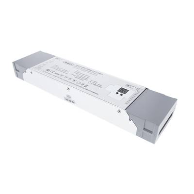 Primer plano de un dispositivo electrónico blanco y gris para luminarias LED con una etiqueta con datos técnicos y símbolos para un rendimiento óptimo de la iluminación.