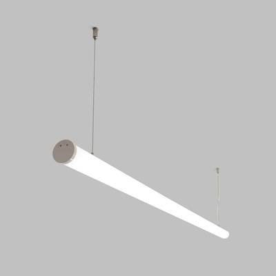 Elegante lámpara colgante LED cilíndrica suspendida de cables, una moderna luminaria de bajo consumo sobre fondo gris.