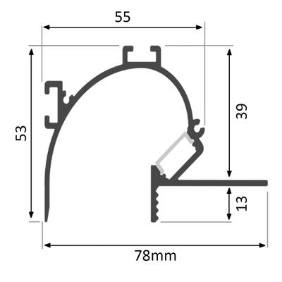 Diagrama transversal de iluminación LED con dimensiones: 55 arriba, 53 a la izquierda, 39 curvas, 13 abajo. Anchura total de 78 mm. Optimiza la tienda LED para SEO.