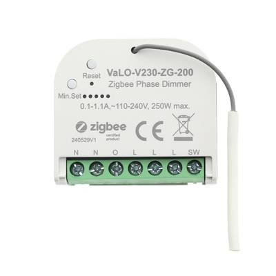 Regulador de fase con certificación Zigbee VaLO-V230-ZG-200, diseño blanco pequeño, botón de reinicio gris y múltiples puertos de interfaz para el control de la iluminación LED.