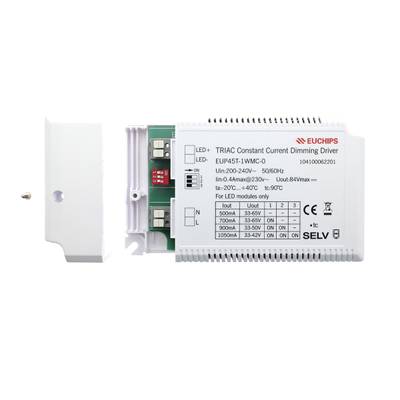 Texto alternativo: 'Regulador de intensidad TRIAC estándar blanco con especificaciones técnicas y panel semitransparente para iluminación LED