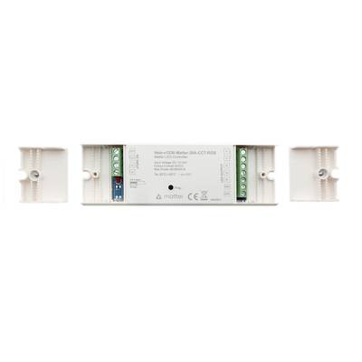 Controlador LED VPRO V125-R Matter-20A-CCT-RGB con conectores de entrada/salida etiquetados sobre fondo blanco. Diseño rectangular, perfecto para sistemas de iluminación LED.