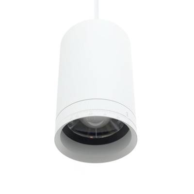Luz LED cilíndrica blanca con cable, parte superior ventilada y dial giratorio en la parte inferior para ajustar el brillo.
