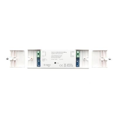 Controlador de luz inteligente: diseño rectangular blanco con conectores verdes, etiqueta azul para información técnica - perfecto para sistemas avanzados de iluminación LED.