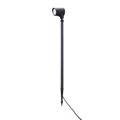 Foco LED de exterior con soporte de pincho negro, poste estrecho y cable de alimentación conectado para la iluminación de jardines y pasillos.