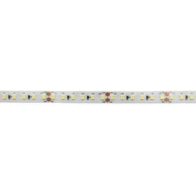 Primer plano de una tira de luz LED blanca, mostrando las lámparas LED individuales y los contactos de cobre para una iluminación eficiente.