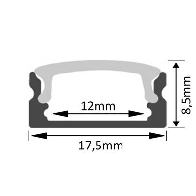Dibujo en sección transversal de una junta con dimensiones: 17,5 mm de ancho, 8,5 mm de alto y 12 mm de separación interna - ideal para instalaciones de iluminación LED.