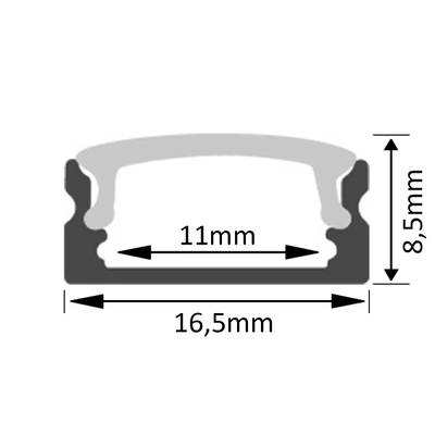 Carcasa de lámpara LED de sección transversal, anchura 16,5 mm, anchura interior 11 mm, altura 8,5 mm.