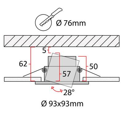 Esquema técnico de instalación de una luminaria empotrada que muestra el taladro de Ø80mm, la luminaria de Ø95x95mm y el ángulo de inclinación de 28°. Comprar soluciones de iluminación LED.