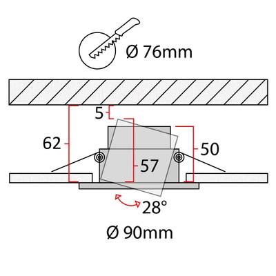 Esquema de luminaria empotrable: apertura de 76 mm, profundidad de 55 mm y ángulo ajustable de 28°. Perfecta para instalaciones precisas de iluminación LED.