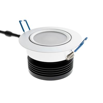 Downlight LED circular con cableado y driver LED verde sobre fondo blanco para soluciones de iluminación energéticamente eficientes.