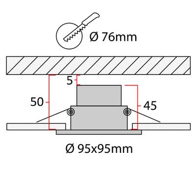 Dibujo técnico de una luminaria LED empotrada cuadrada: diámetro 95 mm, profundidad 55 mm y tamaño de apertura 78 mm.