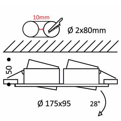Dibujo técnico de componentes mecánicos con dimensiones: 2x 80mm, ⌀175x95 círculos, engranaje de 10mm y ángulo de 28° para luminaria LED.