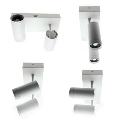 Texto alternativo: 'Foco blanco regulable con luces cilíndricas sobre base rectangular - cuatro vistas diferentes de la pantalla de iluminación LED en la tienda.