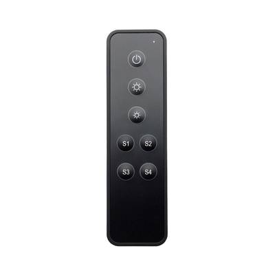 Texto alternativo: 'Mando a distancia de iluminación LED negro con siete botones de encendido, control de brillo y cuatro ajustes de S1 a S4.