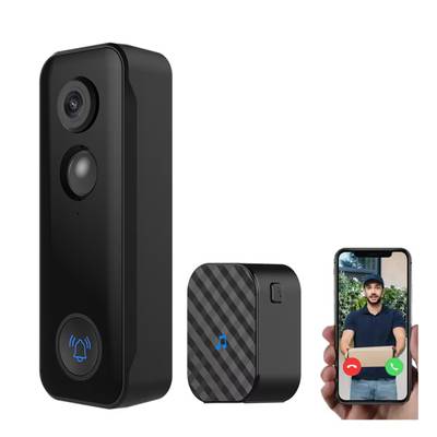 Kit de timbre inteligente y cámara de seguridad con el logotipo de Tuya; incluye un reloj y un teléfono inteligente que muestra una videollamada para la entrega de paquetes.