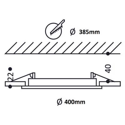 Esquema técnico de la lámpara LED redonda: diámetro 400 mm, empotrado 40 mm, fijación 22 mm, abertura del techo 385 mm.