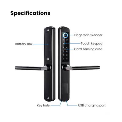 Cerradura de puerta inteligente con lector de huellas dactilares, teclado táctil, lector de tarjetas, puerto de carga USB, compartimento para pilas y bocallave.