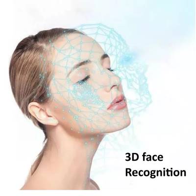 Texto alternativo: "Mujer con los ojos cerrados y una cuadrícula 3D de la cara, que representa el reconocimiento facial. El texto dice: "Reconocimiento facial en 3D".