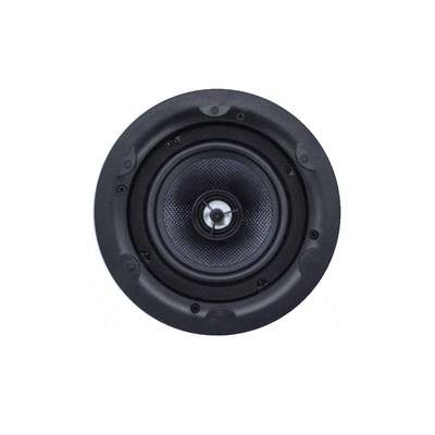 Imagen superior de un altavoz circular negro con cono central sobre fondo blanco, ideal para realzar el sonido en instalaciones de iluminación LED.