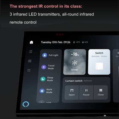 Panel de control inteligente con previsión meteorológica, funciones domóticas y controles de iluminación y cortinas en una moderna tienda de iluminación LED.