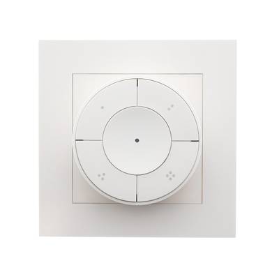 Enchufe rectangular blanco para interruptor de la luz y mando a distancia redondo de cuatro botones con fondo blanco - Controles de iluminación LED.