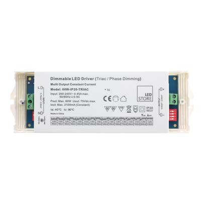 Controlador LED blanco regulable de "LED Store" con información de voltaje y conectores en ambos extremos, ideal para soluciones de iluminación eficientes.