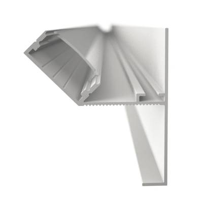 representación en 3D de un perfil metálico gris en forma de L con ranuras y crestas claras, sobre fondo blanco, ideal para instalaciones de iluminación LED.
