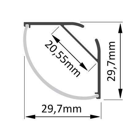 Esquema técnico del perfil de iluminación: sección transversal curva, 29,7 mm de alto, 29,7 mm de ancho, 20,55 mm de diagonal.