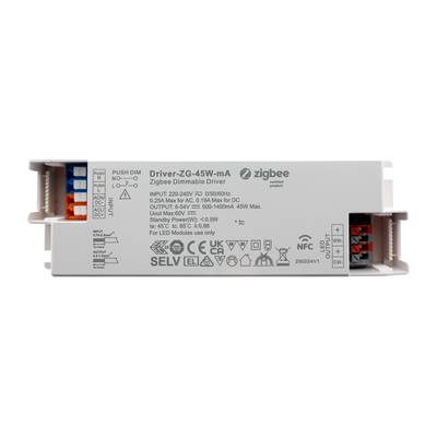 Controlador Zigbee regulable con información técnica y logotipos; conectores de cable rectangulares y multicolores en los laterales para iluminación LED.