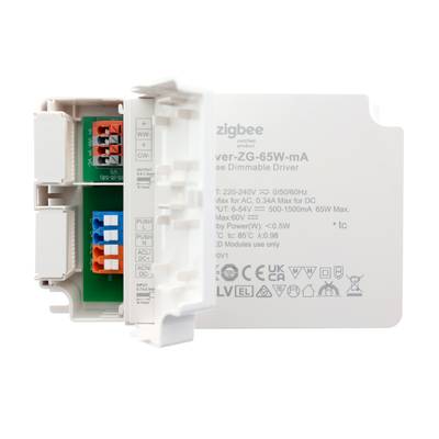 Controlador inteligente regulable certificado por Zigbee con información en el panel frontal y conexiones internas visibles, ideal para sistemas de iluminación LED y configuraciones domésticas inteligentes.
