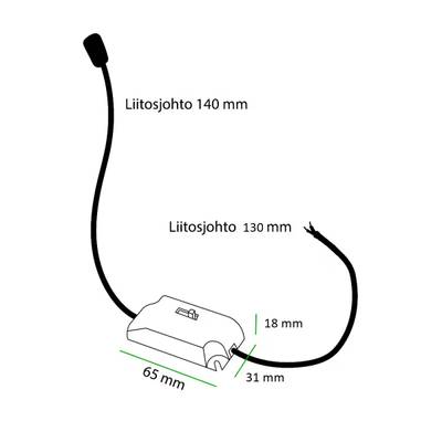 Diagrama de iluminación LED con dos cables, dimensiones 140 mm, 100 mm y tamaño 65x15x15 mm