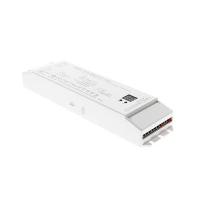 Controlador LED blanco rectangular con múltiples puertos y especificaciones impresas, ideal para instalaciones de iluminación LED eficientes.